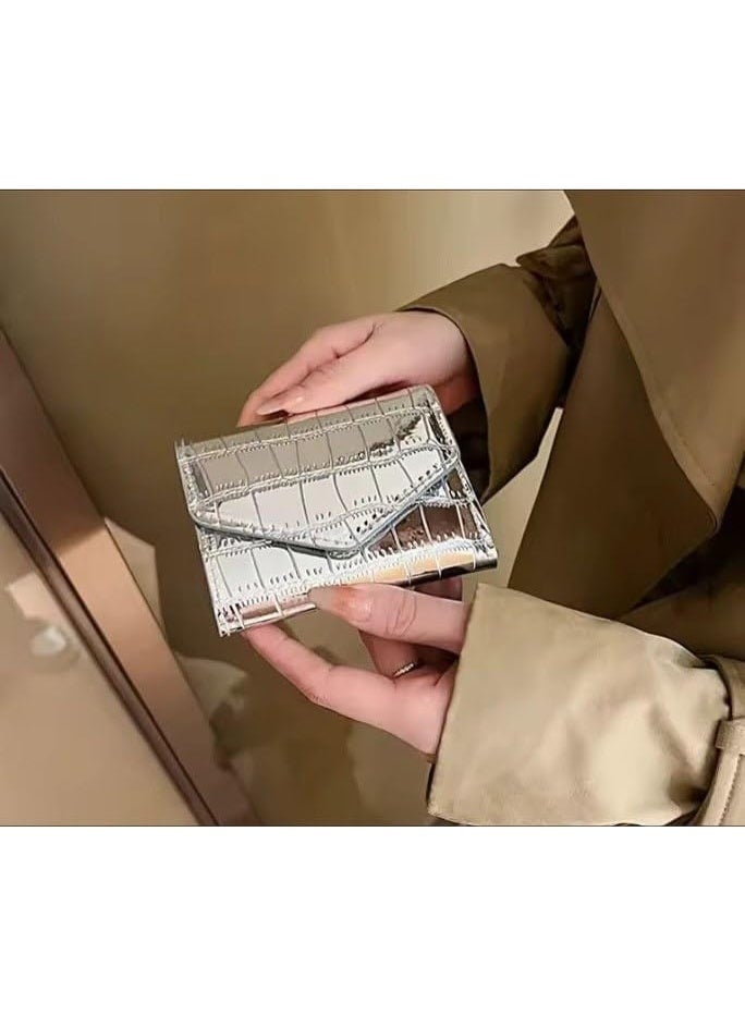 zoba Luxury women's wallet with a crocodile-embossed leather pattern – a stylish and compact mini design with multiple card slots and a pocket for bills and coins – durable, glossy leather material that easily fits in any bag – perfect organization and everyday convenience in one compact and fashionable wallet – silver color - Image 1